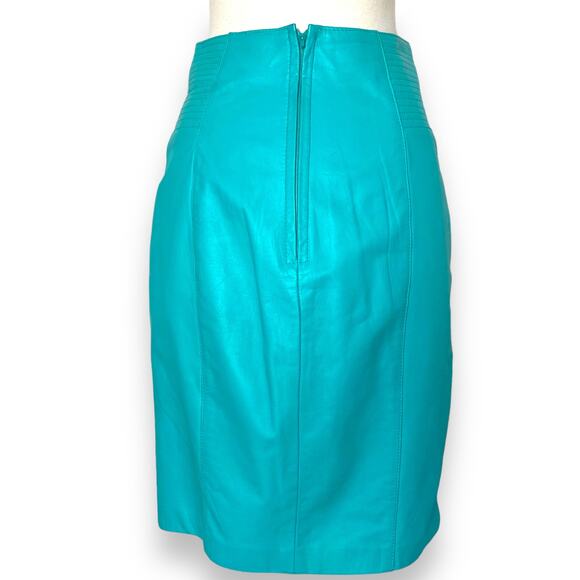 Vintage 80s Yucatan Bay Teal 2 Piece Leather Mini Skirt Jacket Matching Suit Set - Picture 9 of 11